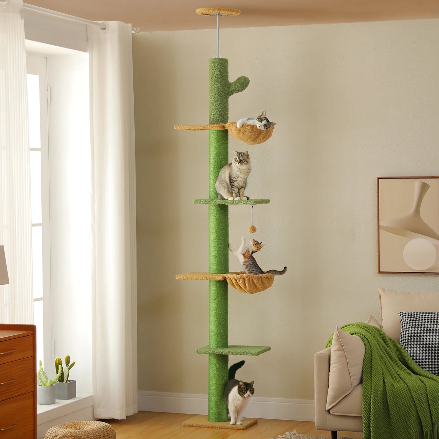 Cactus Cat Tree Floor to Ceiling Cat Tower with Sisal Scratching Post,Comfortable Hammock for Multi-Cat Homes,Cat Accessories
