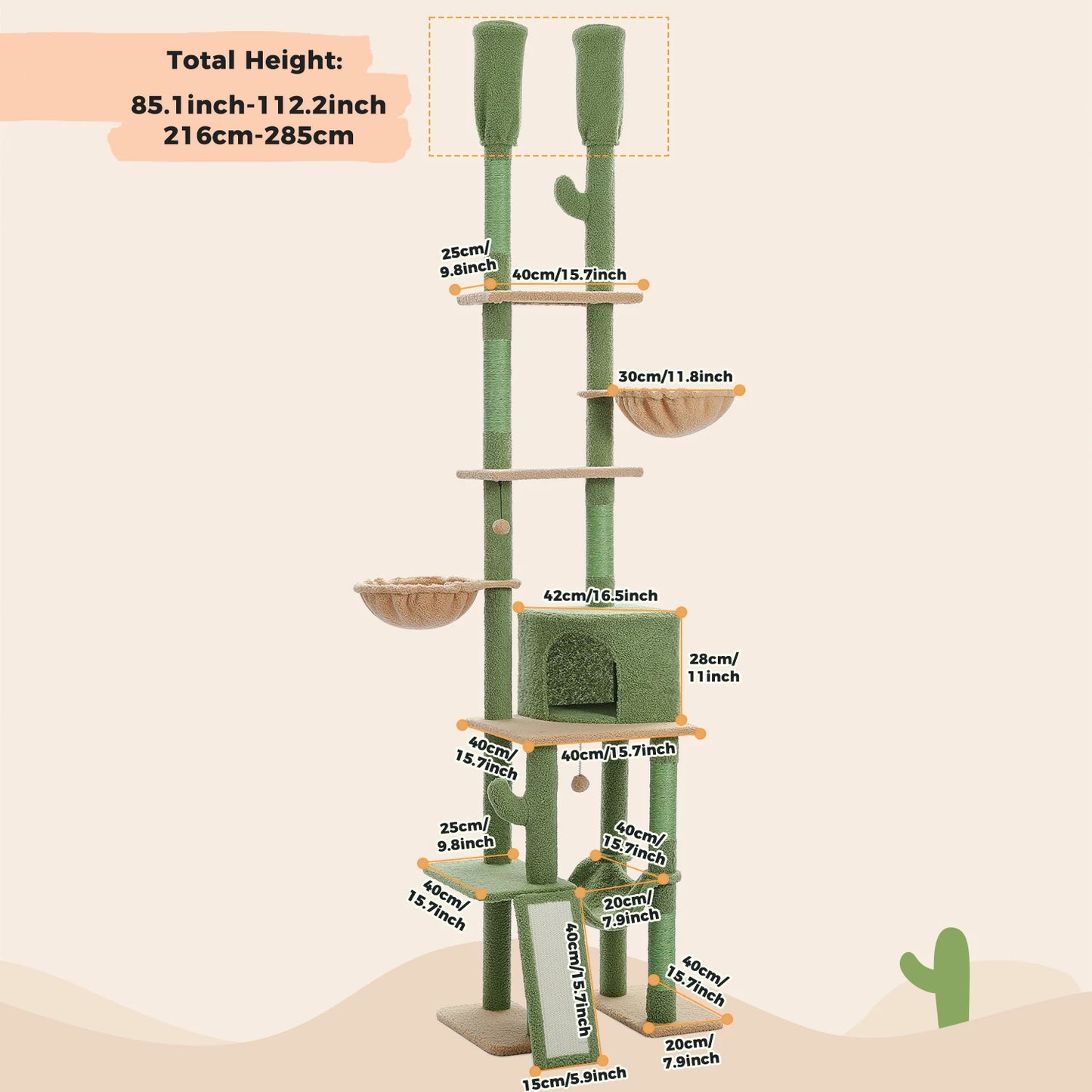 Cactus Cat Tree with 5 Platforms Scratching Posts, Cozy Hammocks and Condos,230 cm Cat Tree Floor to Ceiling Cat Tower 7 Tiers