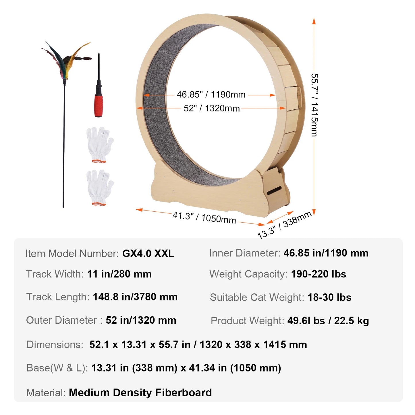 SucceBuy Wooden Cat Exercise Wheel Large Cat Treadmill Wheel for Indoor Cat Running Wheel with Detachable Carpet& Cat Teaser