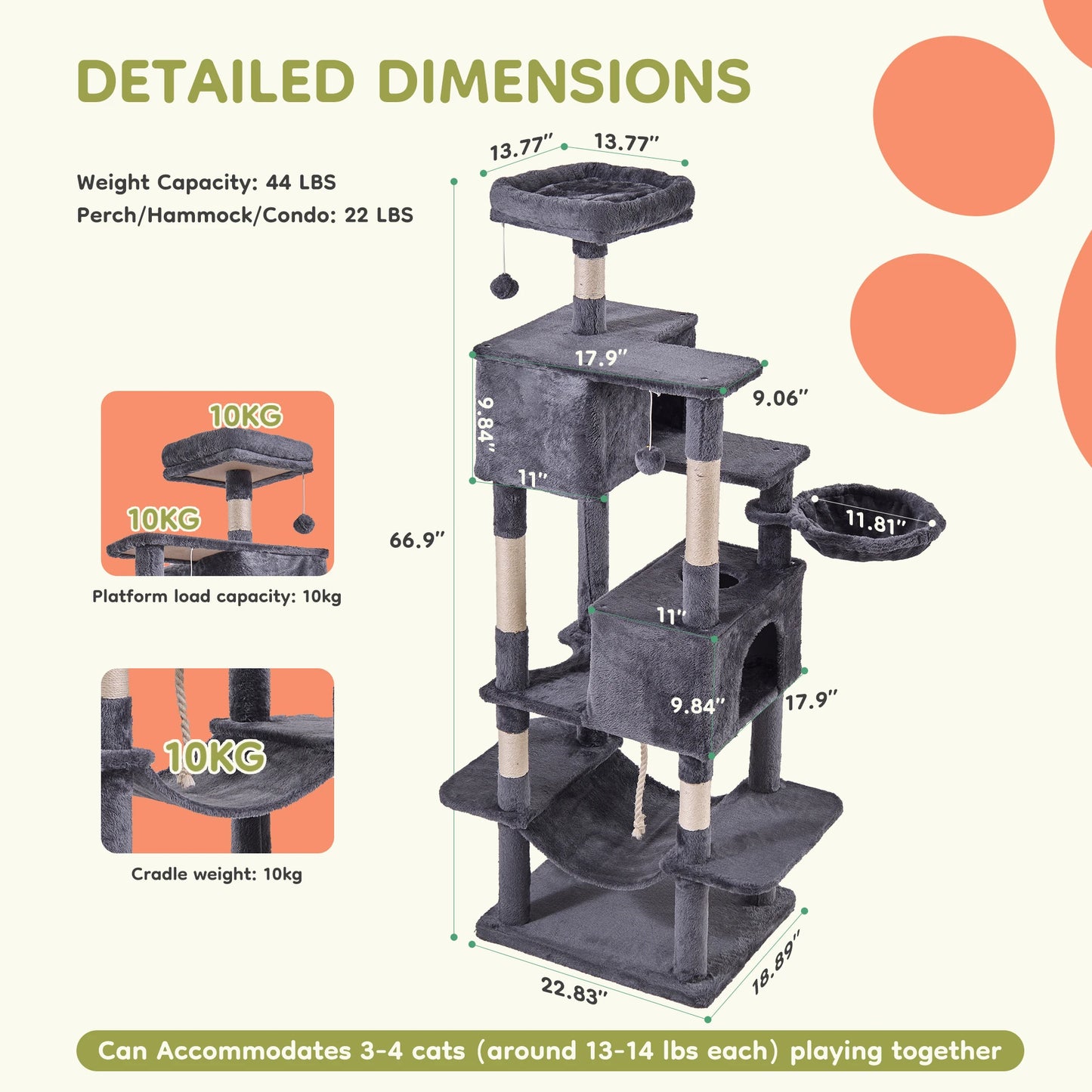 JHK 66 inch Cat Tree Tower Large Multi Level Cat Climbing Tower with Condo Natural Sisal Scratching Posts Pet House for Indoor