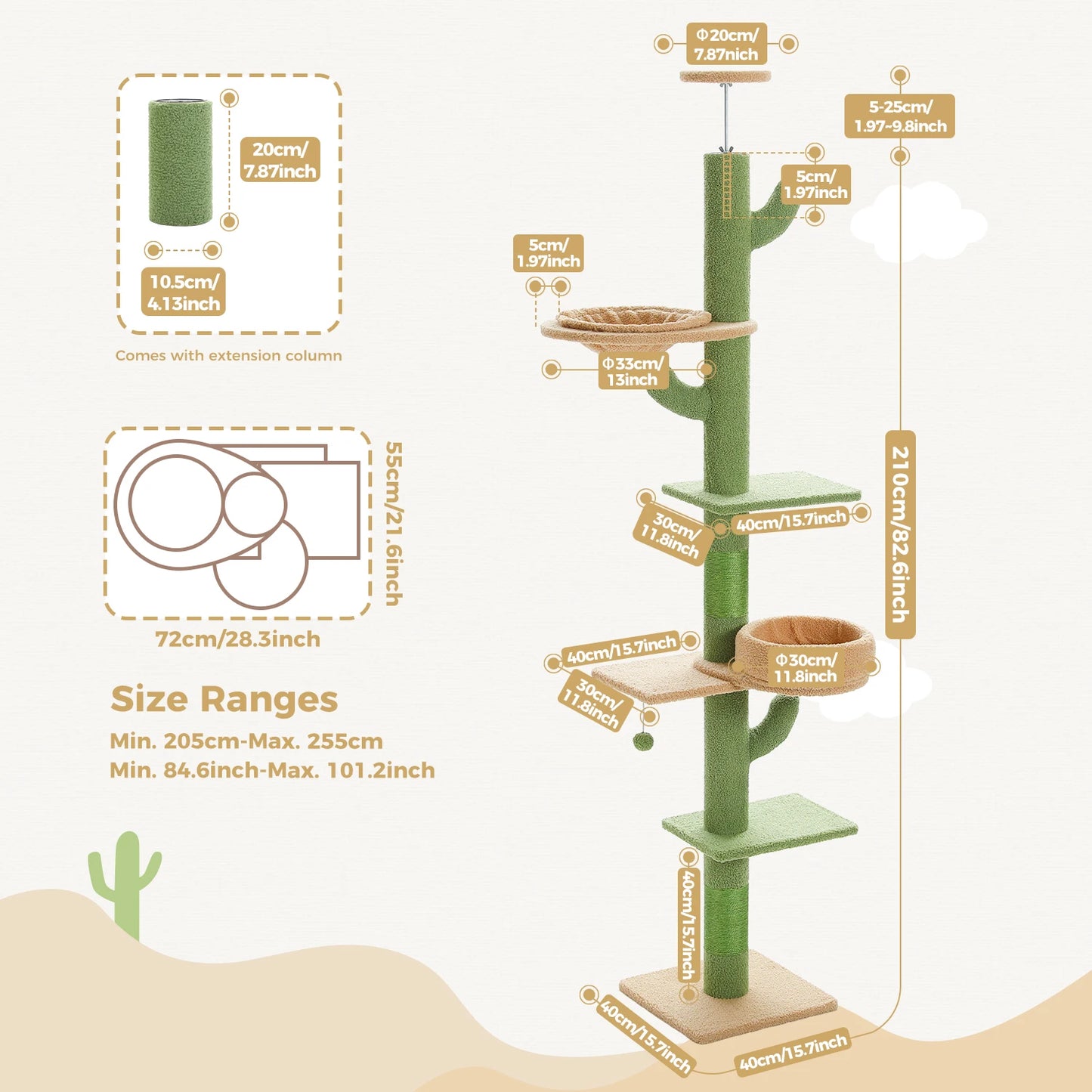 Cactus Cat Tree Floor to Ceiling Cat Tower with Sisal Scratching Post,Comfortable Hammock for Multi-Cat Homes,Cat Accessories
