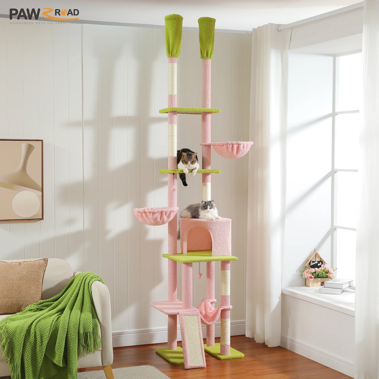 Cactus Cat Tree with 5 Platforms Scratching Posts, Cozy Hammocks and Condos,230 cm Cat Tree Floor to Ceiling Cat Tower 7 Tiers