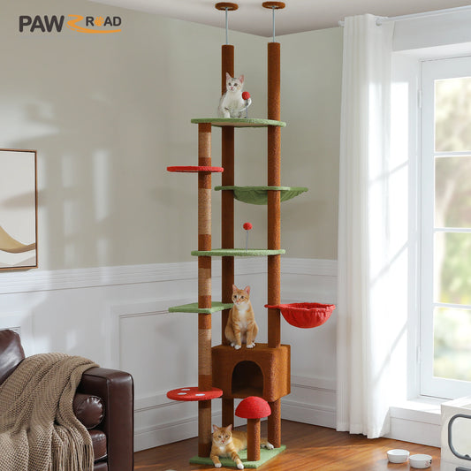 Brown Mushroom-Shaped Design Cat Tower Ceiling Height Cat Tree Tower Adjustable Cat Tree with Super Large Perch&Hammock,Cat Toy