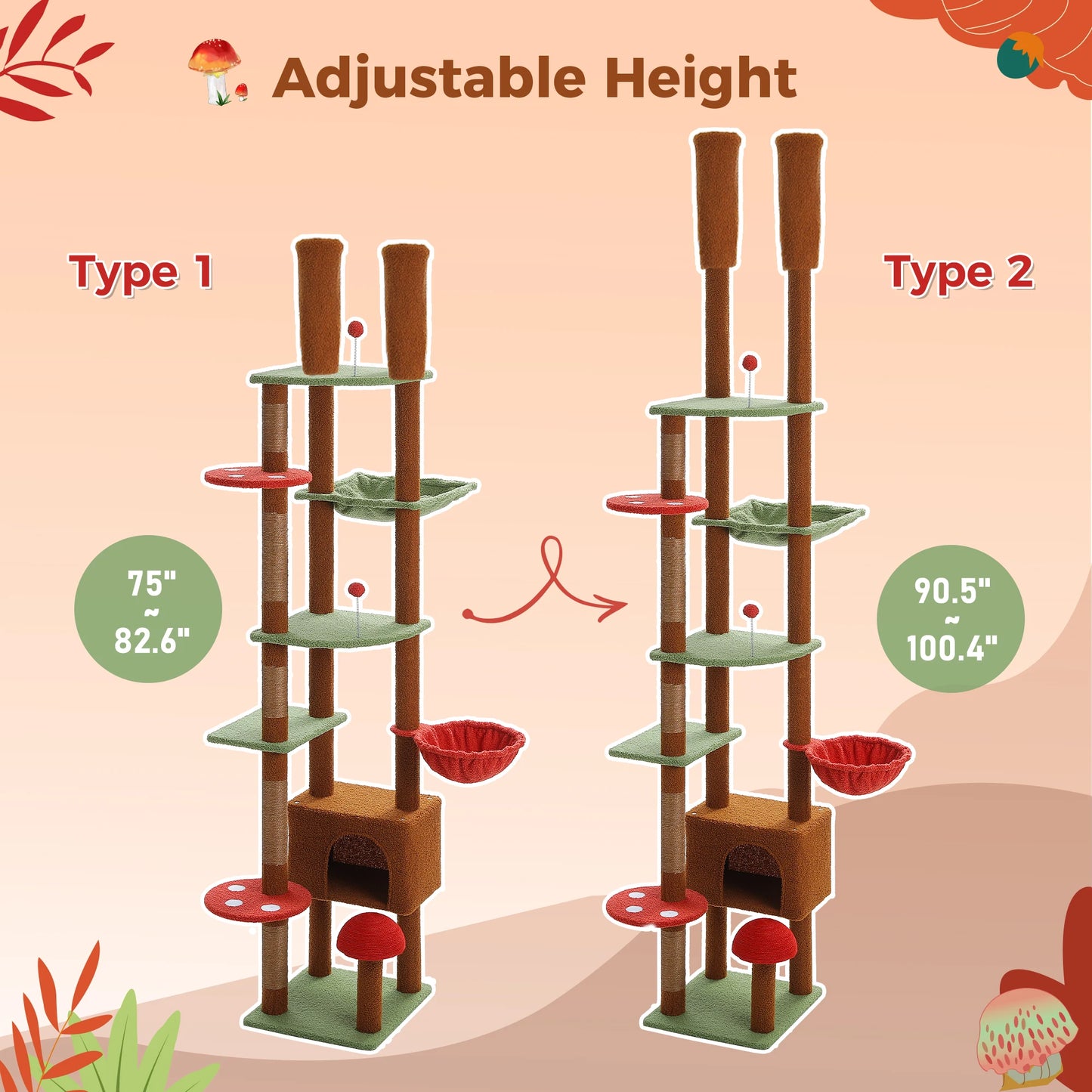 Brown Mushroom-Shaped Design Cat Tower Ceiling Height Cat Tree Tower Adjustable Cat Tree with Super Large Perch&Hammock,Cat Toy