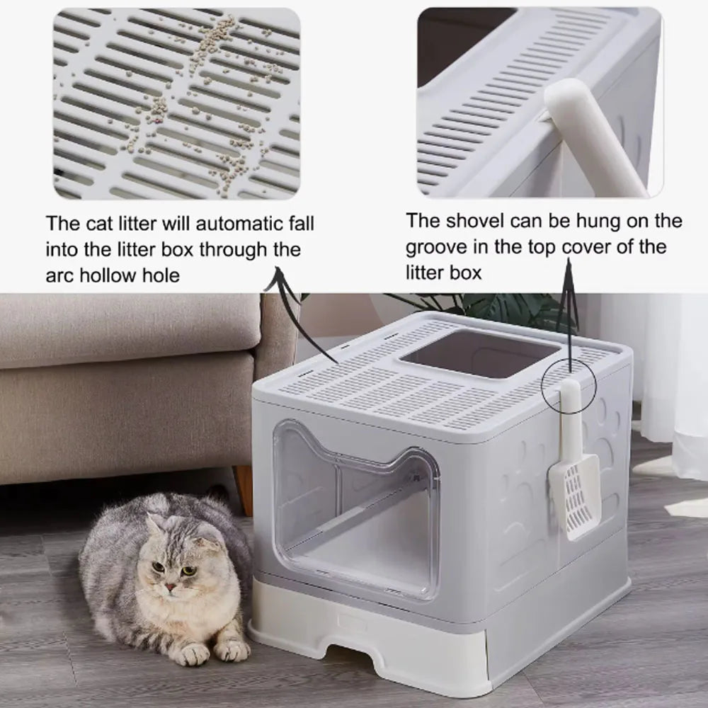 Convenient Foldable Litter Box: Drawer Design with Scooper for Easy Cat Waste Management