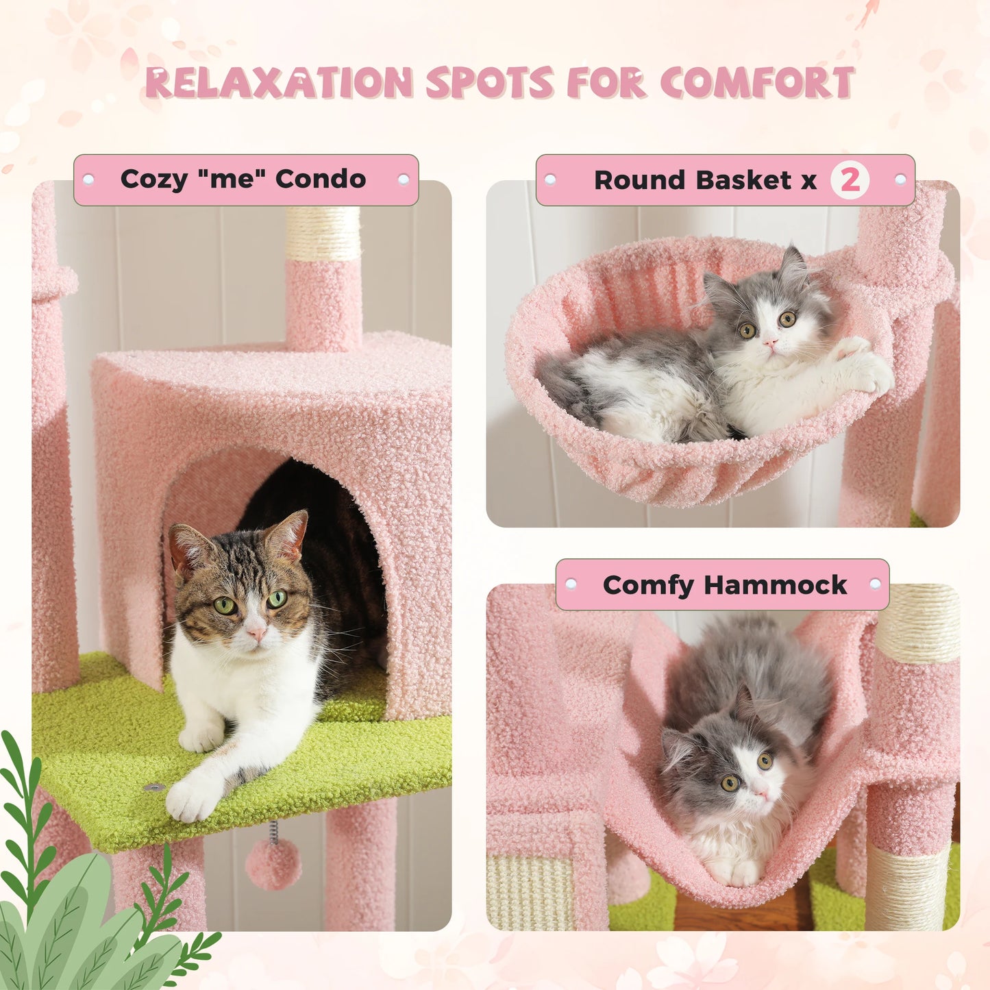 Cactus Cat Tree with 5 Platforms Scratching Posts, Cozy Hammocks and Condos,230 cm Cat Tree Floor to Ceiling Cat Tower 7 Tiers