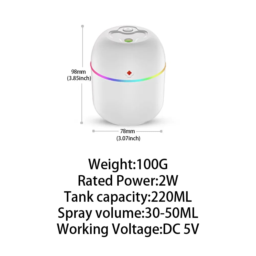 USB Mini Portable Air Humidifier Color Changing Mood Light Quiet 220ml Household Mute Hydrating Air Atomization Humidifie