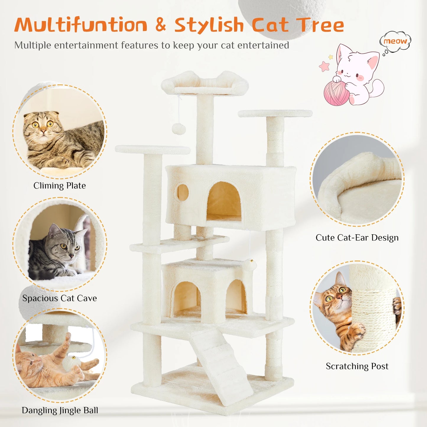 JHK 54in Tall Multi-Level Cat Tree Tower for Indoor Pet Furniture Stable Kitty Play House with Sisal Scratching Post for Home