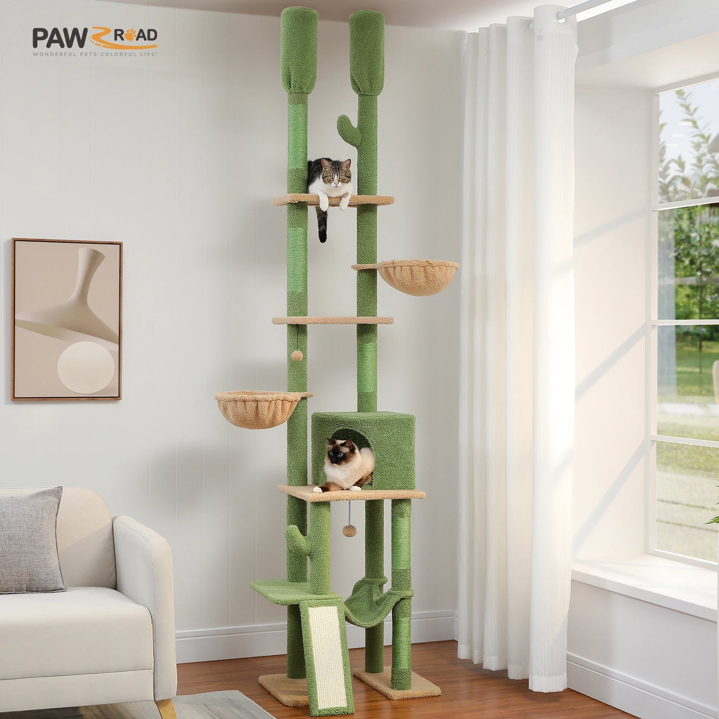 Cactus Cat Tree with 5 Platforms Scratching Posts, Cozy Hammocks and Condos,230 cm Cat Tree Floor to Ceiling Cat Tower 7 Tiers