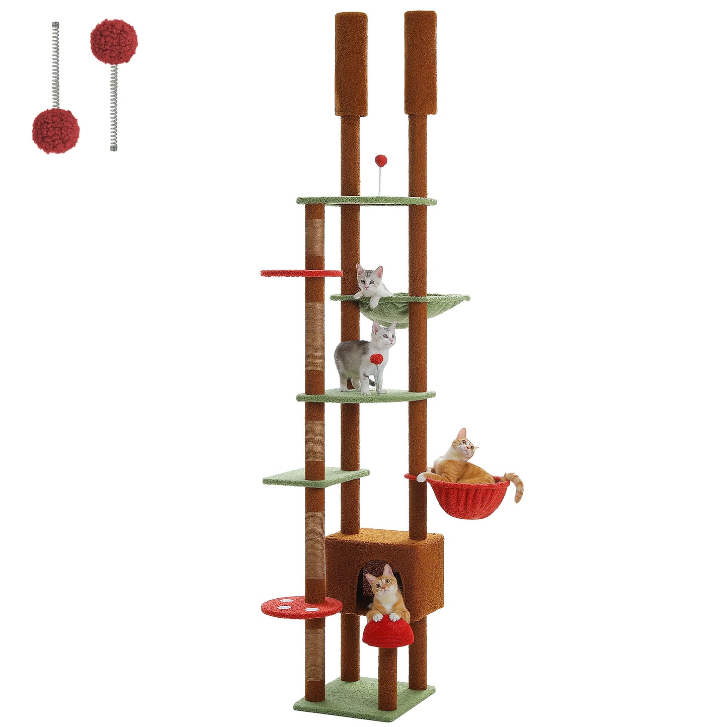 Brown Mushroom-Shaped Design Cat Tower Ceiling Height Cat Tree Tower Adjustable Cat Tree with Super Large Perch&Hammock,Cat Toy